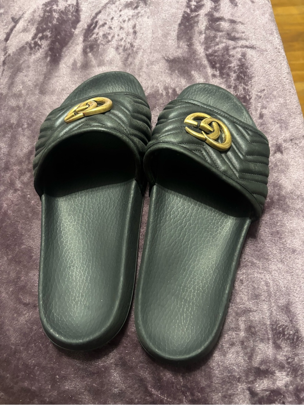 Gucci Black Quilted Slide Sandals with Gold Double G